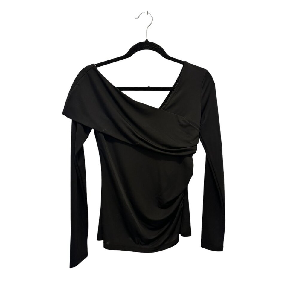 🍒 2/$20 🍒 Black Long Sleeve Blouse with Geometric Neckline, Ruched Side sz S